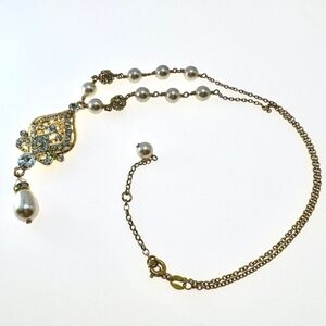BOHEMIAN Gold Tone Drop Vintage Inspired Necklace Simulated Pearls & Rhinestones